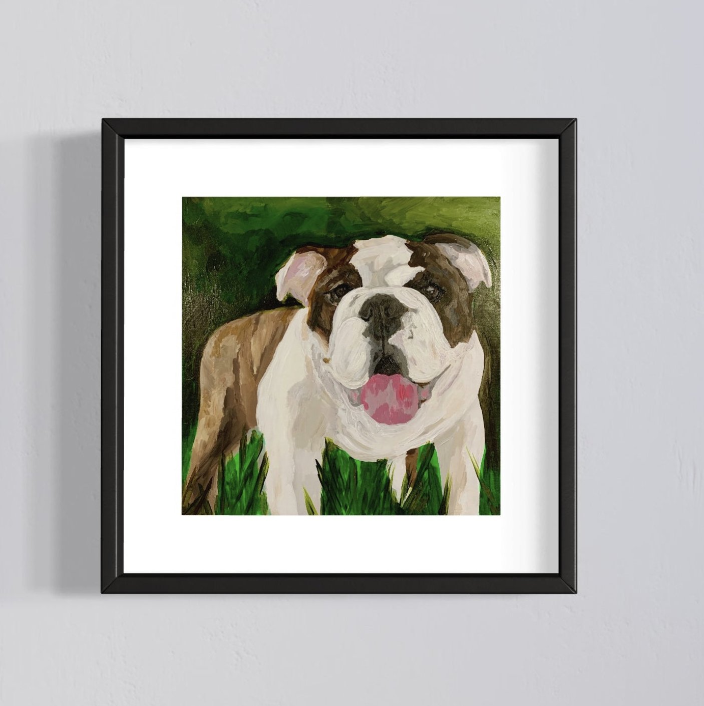 Painting of a bulldog standing in grass. 