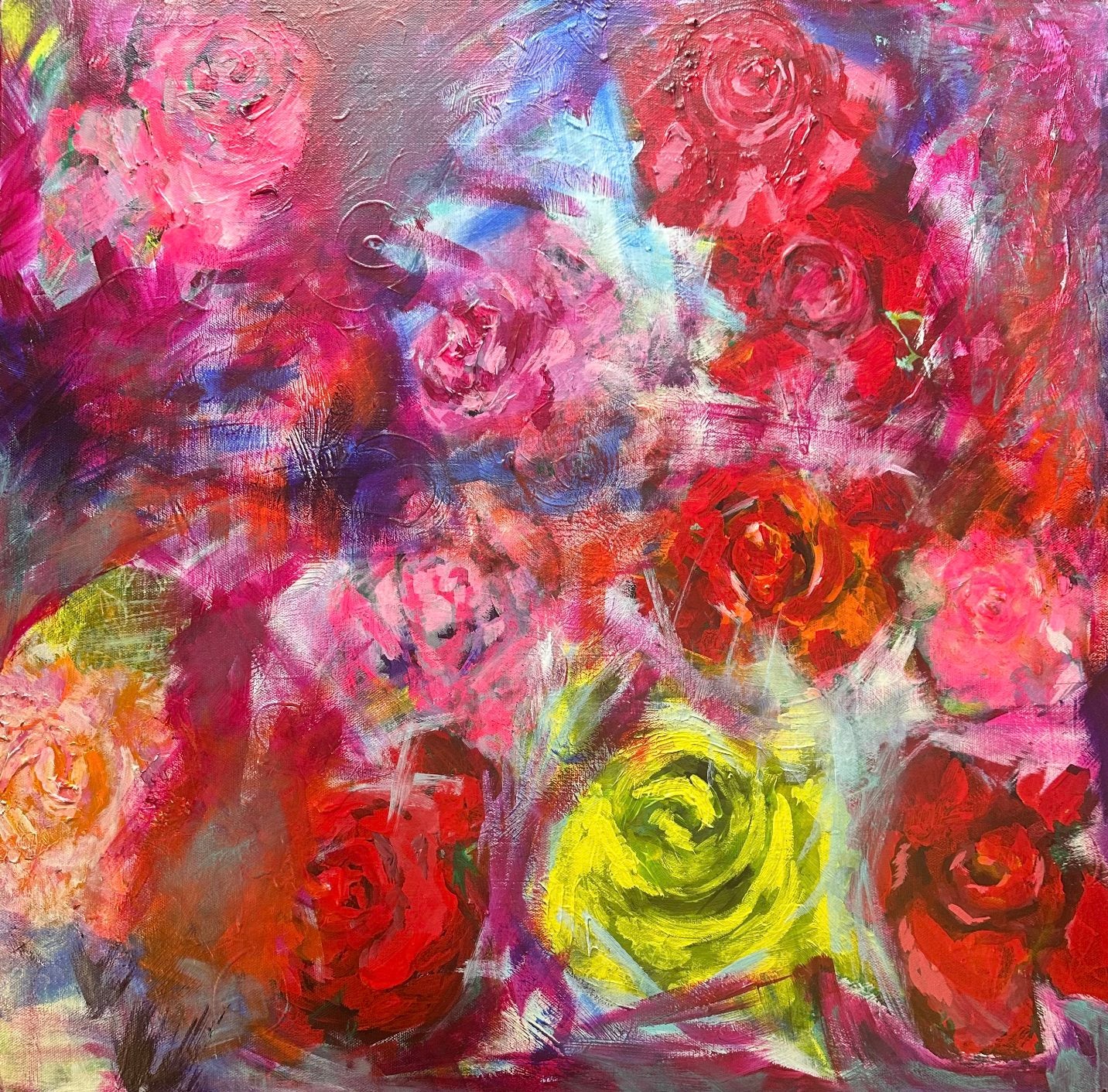 Painting of red, pink, orange and yellow roses