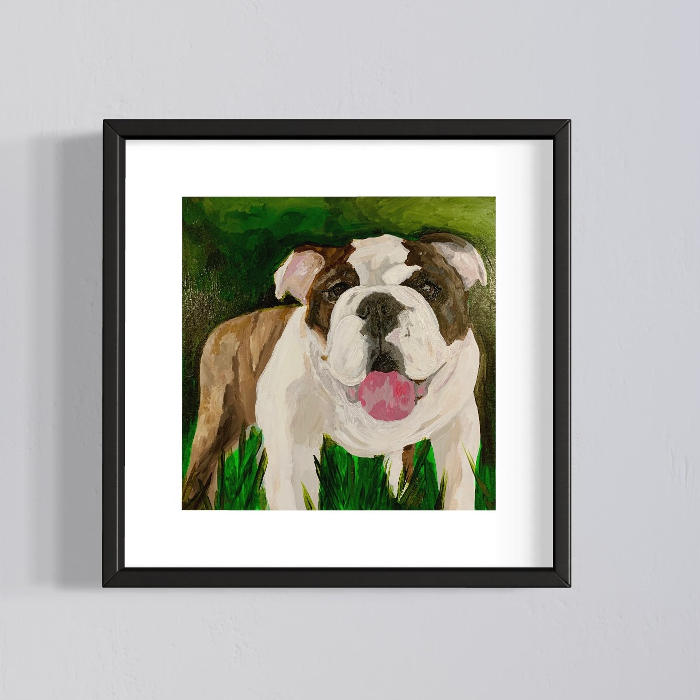 Acrylic painting of bulldog standing in grass with it's tongue out